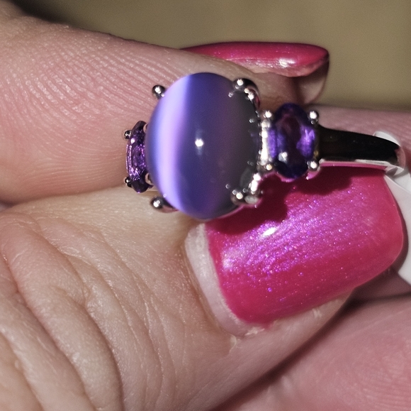 Sz 6, Oval Violet Aurora Moonstone, Amethyst side stones,925 Silver, Rhodium,NWT - Picture 9 of 15